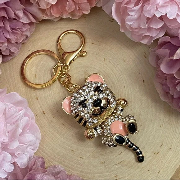 Peach and Silver Crystal Gold Tiger Keychain Charm - Picture 4 of 9